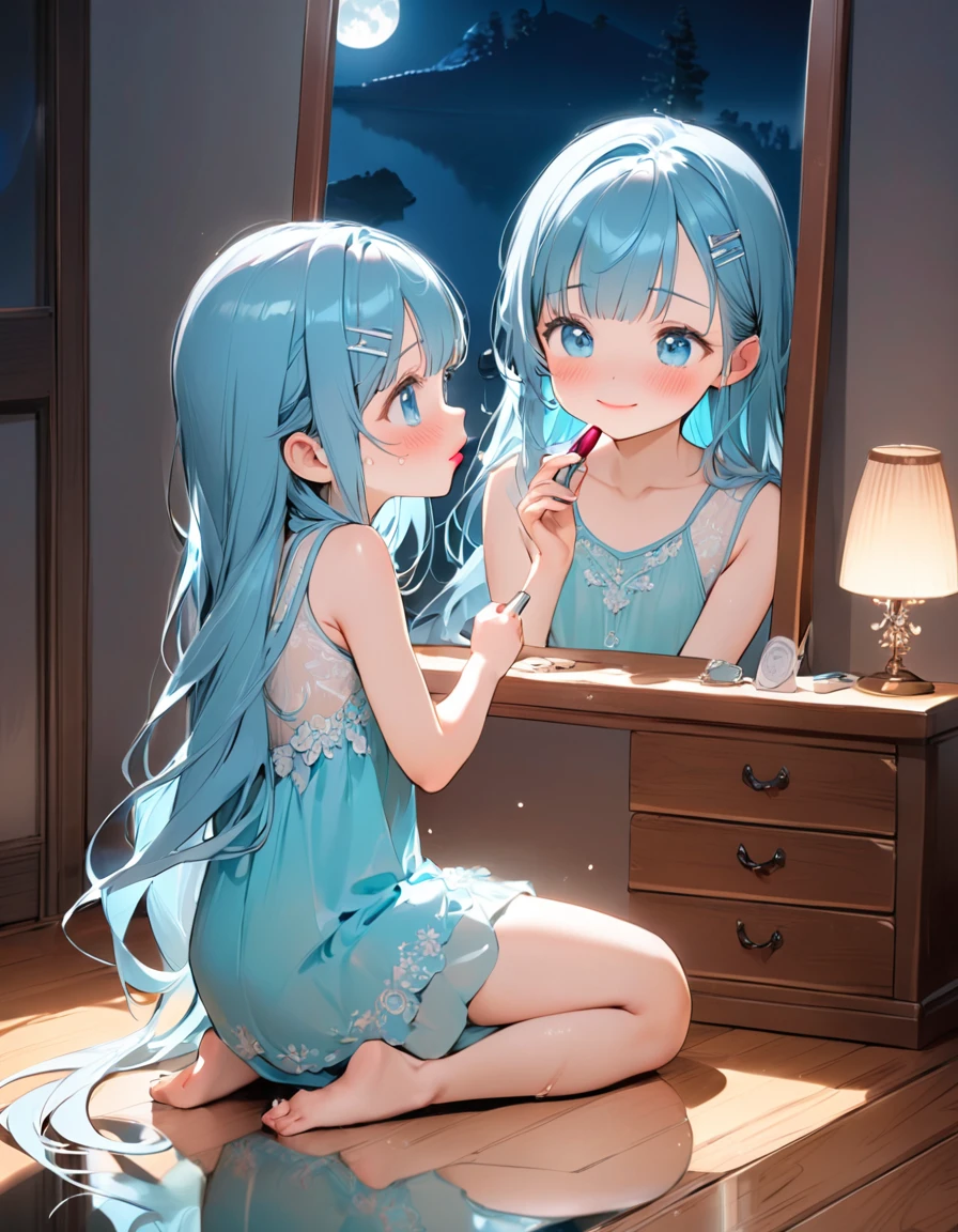 masterpiece, best quality, extremely detailed, (illustration, official art:1.1), 1 girl ,(((( light blue long hair)))), ,(((( light blue long hair)))),light blue hair, , long hair ((blush)) , cute face, big eyes, masterpiece, best quality,(((((a very delicate and beautiful girl))))),Amazing,beautiful detailed eyes,blunt bangs((((little delicate girl)))),tareme(true beautiful:1.2), sense of depth,dynamic angle,,,, affectionate smile, (true beautiful:1.2),,(tiny 1girl model:1.2),)(flat chest),shy，(((masterpiece))), (((best quality))), (((full body))), (((from side))), (apply lipstick), (((holding a lipstick))), (((reflection))), (((looking at mirror))), collarbone, necklace, cyan chiffon tunic, window, bedroom, ((blue tone)), (((night view))), lake, mount, full moon, solo, 1girl, seiza on wooden floor, hairclip, ribbon, sweat, daze, shy, blush, slim figure,
