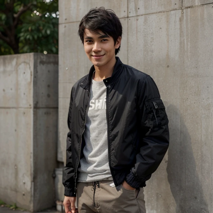 A young man short black haircut, wear hodie jacket clothes, shorty pant cloth, standing, natural, sweetly smile, pose, style, fashion, real hyper realistic, real human japanese, UHD 16k, detailed photo, perfect face 1:2, detailed places, detailed background, full body, photo was taken from a facial forward behind the building wall