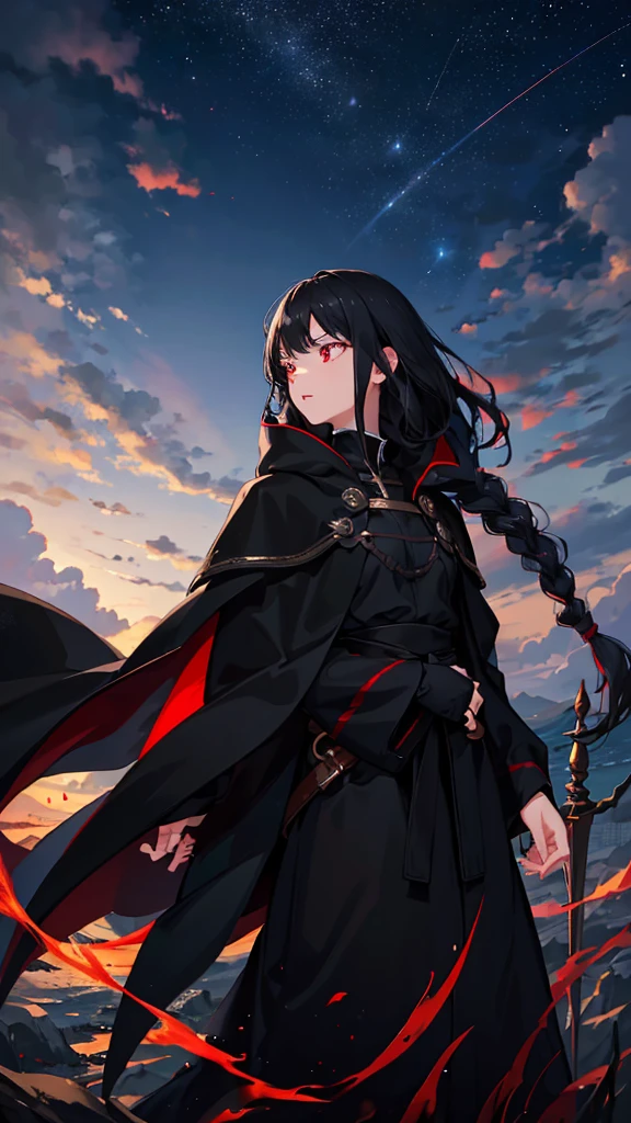 top quality, high image quality, masterpiece, black hair, Red eyes, black clothes, long cloak, Looking ahead, vertical photo, bright skin, 1 large braid, Double teeth, black tail, evening, Starry sky, clouds, bald tail