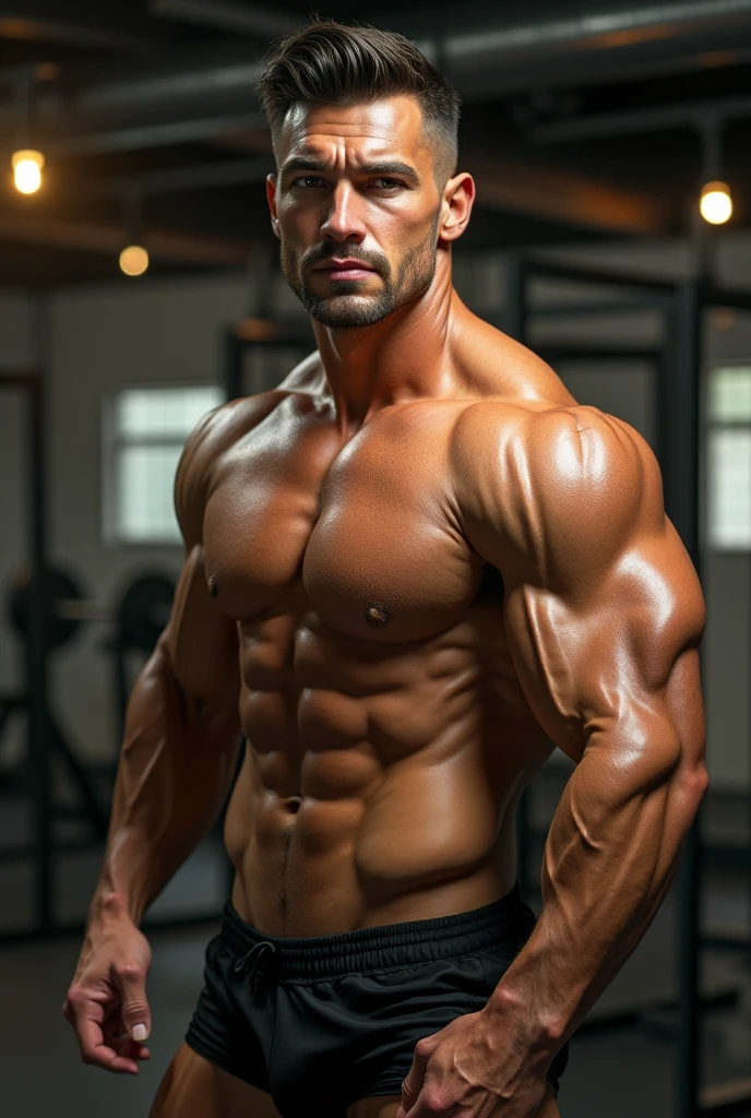 a muscular male bodybuilder, extremely detailed face and body, striking a powerful bodybuilding pose, perfect muscle definition, golden skin tone, chiseled jawline, thick eyebrows, piercing eyes, intense expression, veiny arms, wearing black shorts, gym setting, natural light, cinematic lighting, photorealistic, award winning digital art