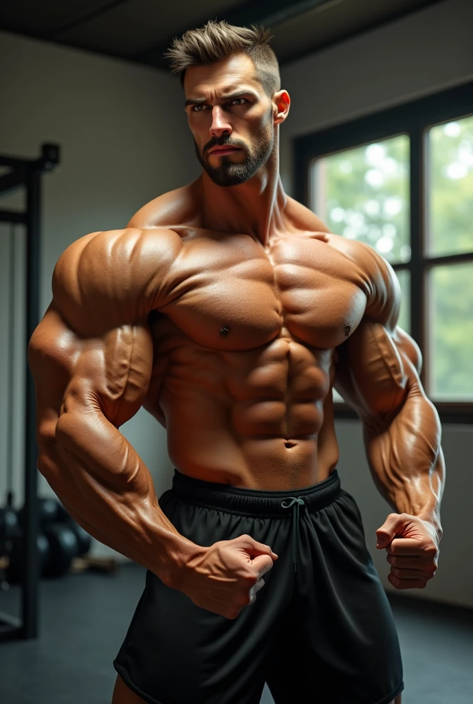a muscular male bodybuilder, extremely detailed face and body, striking a powerful bodybuilding pose, perfect muscle definition, golden skin tone, chiseled jawline, thick eyebrows, piercing eyes, intense expression, veiny arms, wearing black shorts, gym setting, natural light, cinematic lighting, photorealistic, award winning digital art