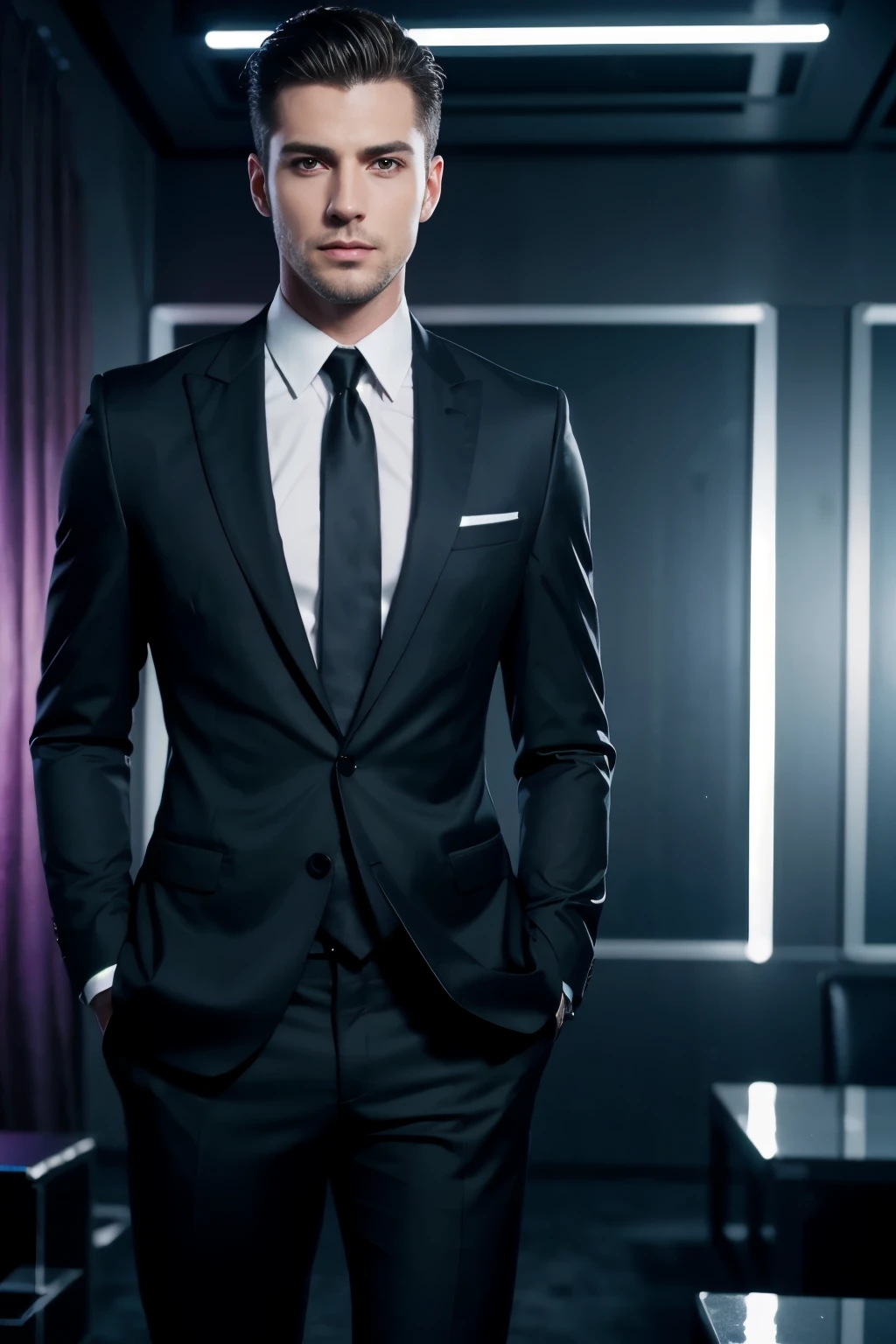 Handsome guy, standing, full body Ultra-realistic detailed rendering, wearing a suit with black tie  , with his whole body visible, straight short hair, with a nightclub setting 
