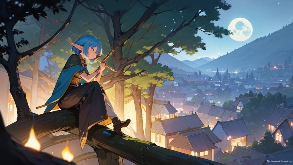 (((From diagonally left behind))), 独奏, Anime Elf girl playing wood flute while sitting gracefully on a tree branch ,elf girl sitting left, panoramic night landscape, town in the forest can be seen, with charming houses, winding streets illuminated by moonlight, closed eyes, she wear long witch outfit, blows a wood flute in the proper position, (((transverse flute)))