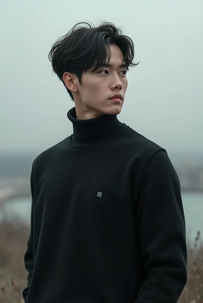 a young man in a black sweater, stand, staring intently (Korean Face)