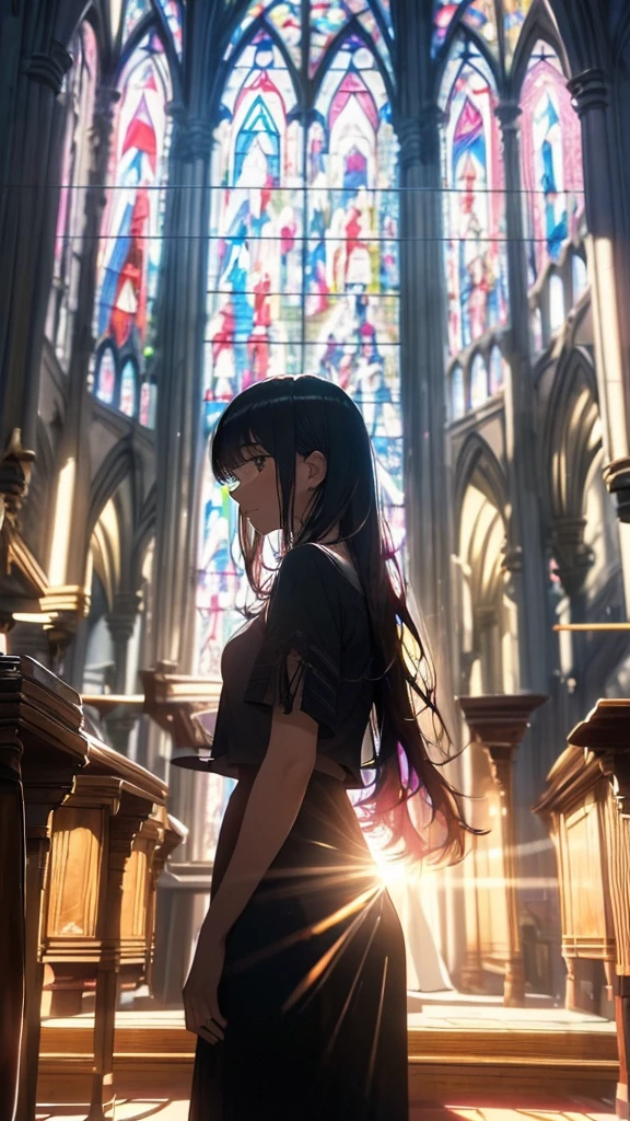 RAW Photos:1.2, masterpiece, Highest quality, 16K, Unbelievably absurd, Very detailed, Perfect beauty, break, Double exposure (Church altar, Sunlight shining through stained glass), break, (Beautiful cute girl silhouette:1.2, In a beautiful pose, Modern wavy hair, Through the bangs), break, Professional Lighting, RAW Photos, Vibrant colors