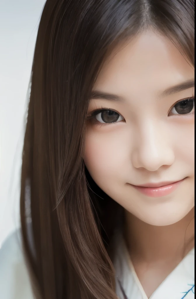 best quality, face focus, soft light, ultra high res, (photorealistic:1.4), RAW photo,(Shinozaki Ai), white skin, kawaii, 1 Japanese girl, solo, cute, (smile), (pupil, lights in the eyes), detailed beautiful face, Medium-sized breasts,(high resolution detail of human skin texture),(long hair),(portrait), upper body, white traditional kimono,