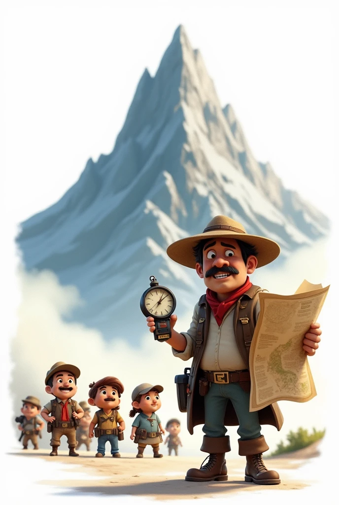 A confident explorer wearing a wide-brimmed hat, holding a detailed map and a compass. The explorer is leading a group towards a towering mountain. The characters are drawn in a cartoon style, resembling animated movie characters, with a white background