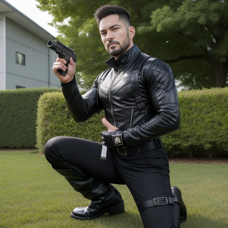 30 years old,One Man,、Villain face、Black bodysuit、Shocker Belt、Black boots、tall、logic肉質、garden On the grass Raid Holding a handgun Aim on one knee logic,Gay ,Very short hair。Short Hair、The crotch area of the pants is bulging team leader dignity、Stubble rage
