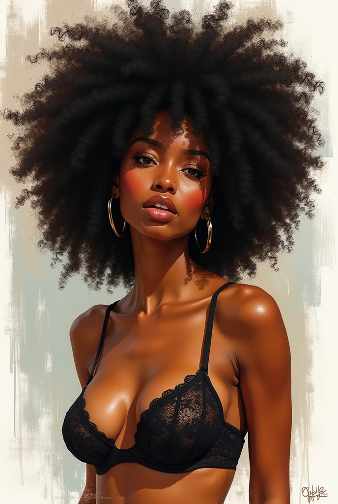 an image of a black woman with Afro , in the style of russ mills, michael garmash, charming sketches, mono-ha, contemporary African-American art, lilia alvarado, concise brushwork --ar 69:128 --s 750 --v 5. 2, lingerie