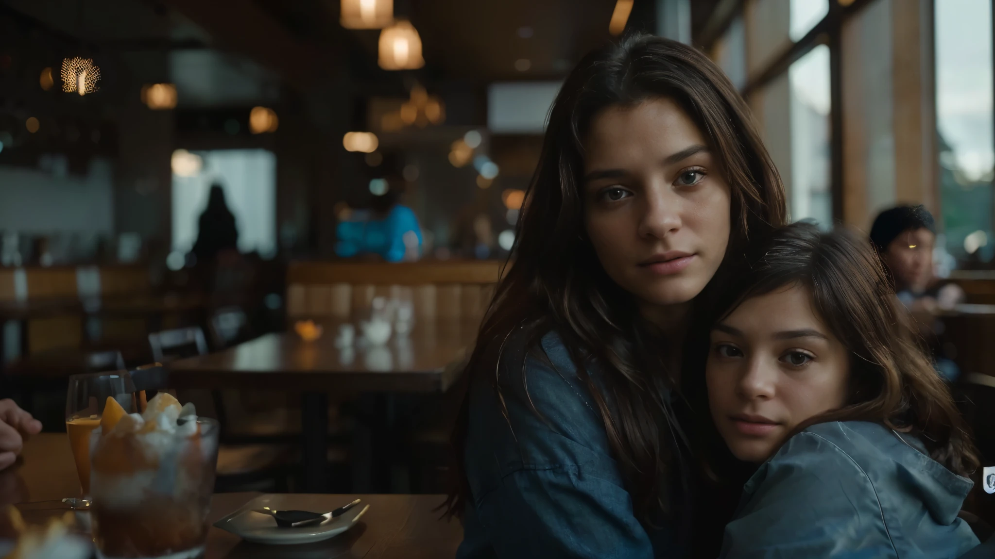 a 40 year old adult woman and a 7 year old child, They are sitting at a restaurant table with sad looks and looking at the camera, they are highlighted in the foreground, the background is blurred in the background showing what appears to be the interior of a restaurant at dusk, there is still natural light outside contrasting with the artificial light inside, Colorful 8K Photo Portrait, soft portrait photographed in 8k, ultra realistic digital painting, realistic digital painting, hyper realistic digital art, high-quality portrait, ultra realistic digital art, ultra realistic digital art, photorealistic digital painting, cinematic realistic portrait, image ultra realistic, highly detailed vfx portrait, 8k hdr movie, Colorful 8K Photo Portrait, award-winning cinematographic style by Fabien Charuau and Emmanuel Lubezki