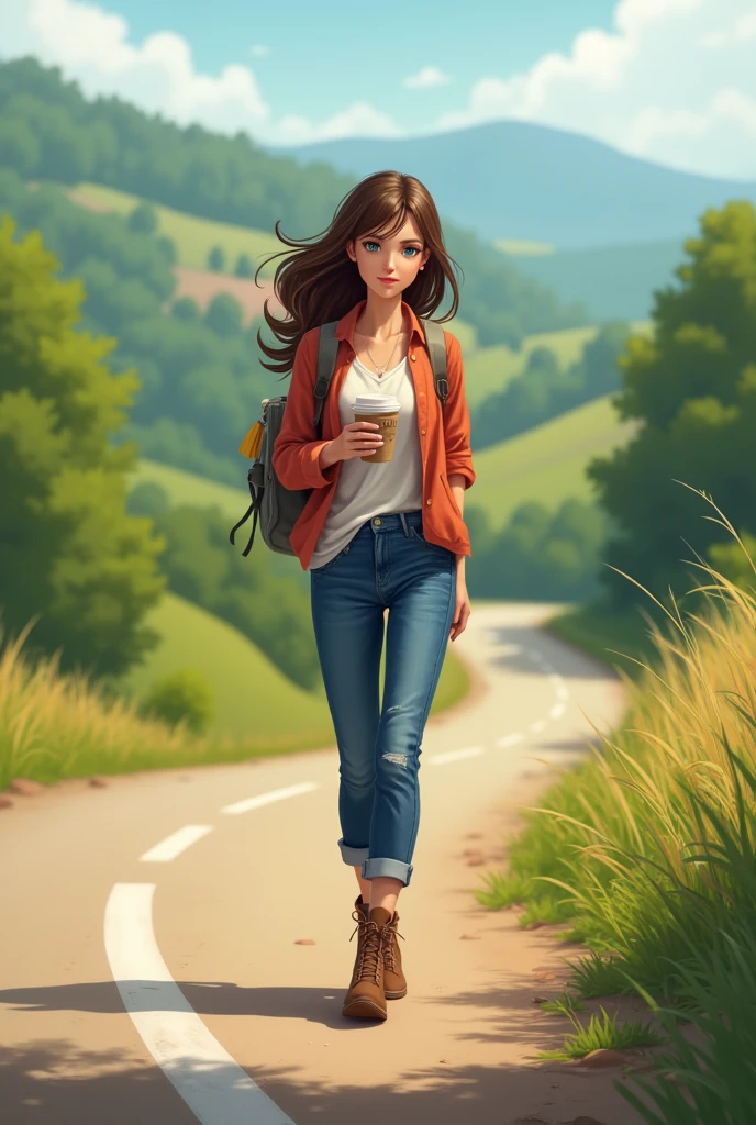 A bold girl with blue eyes walkimg on road side with a coffee cup in hand