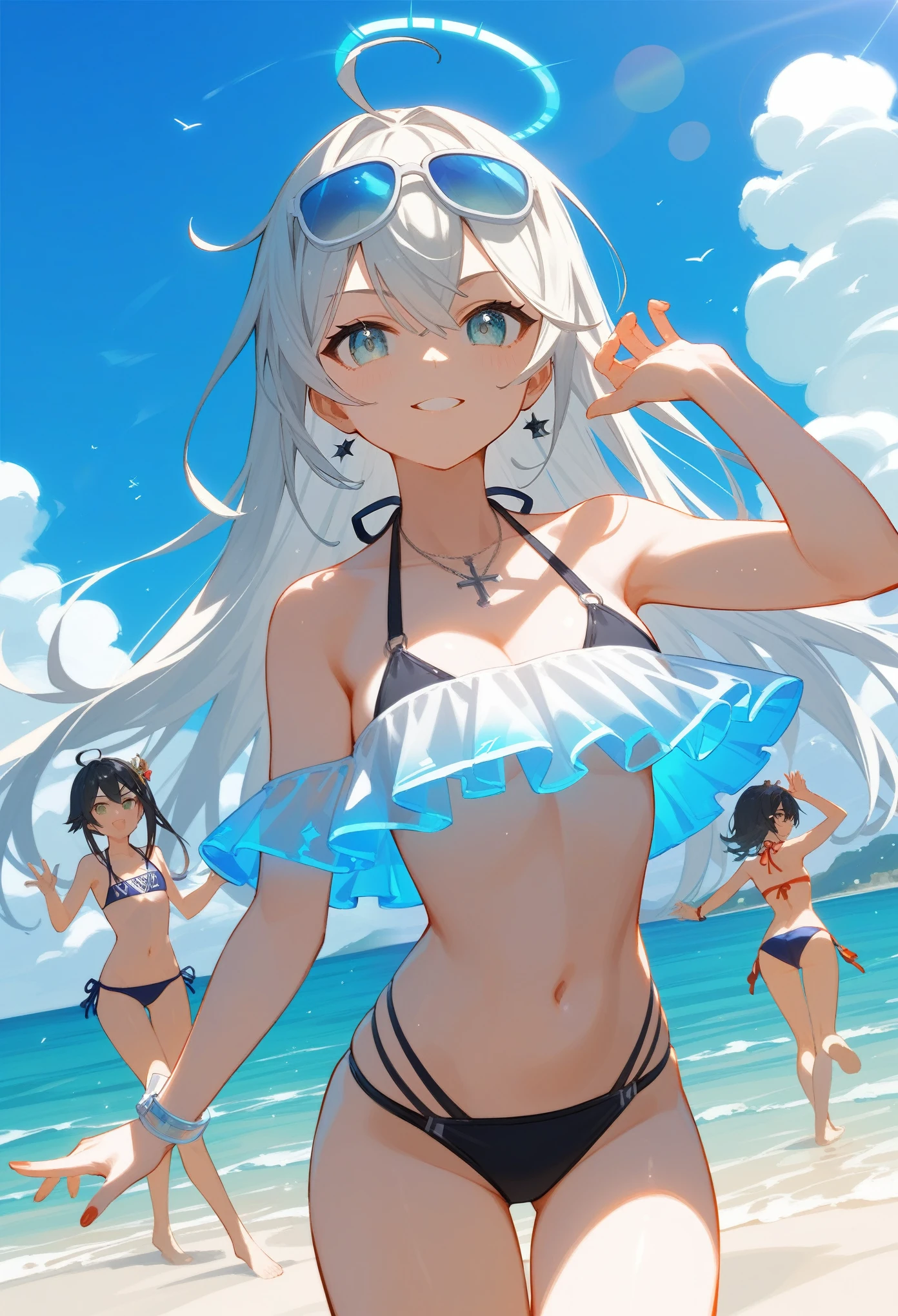 three anime girls in bikinis posing for a picture, Shingekinokyojin art style, pixiv, serialized art, wearing swimsuits, anime moe art style, kantai collection style, edgy anime style, on a beach, anime girls, edgy style, edgy, cartoon render animation, on the beach, swimsuits, holographic live stream