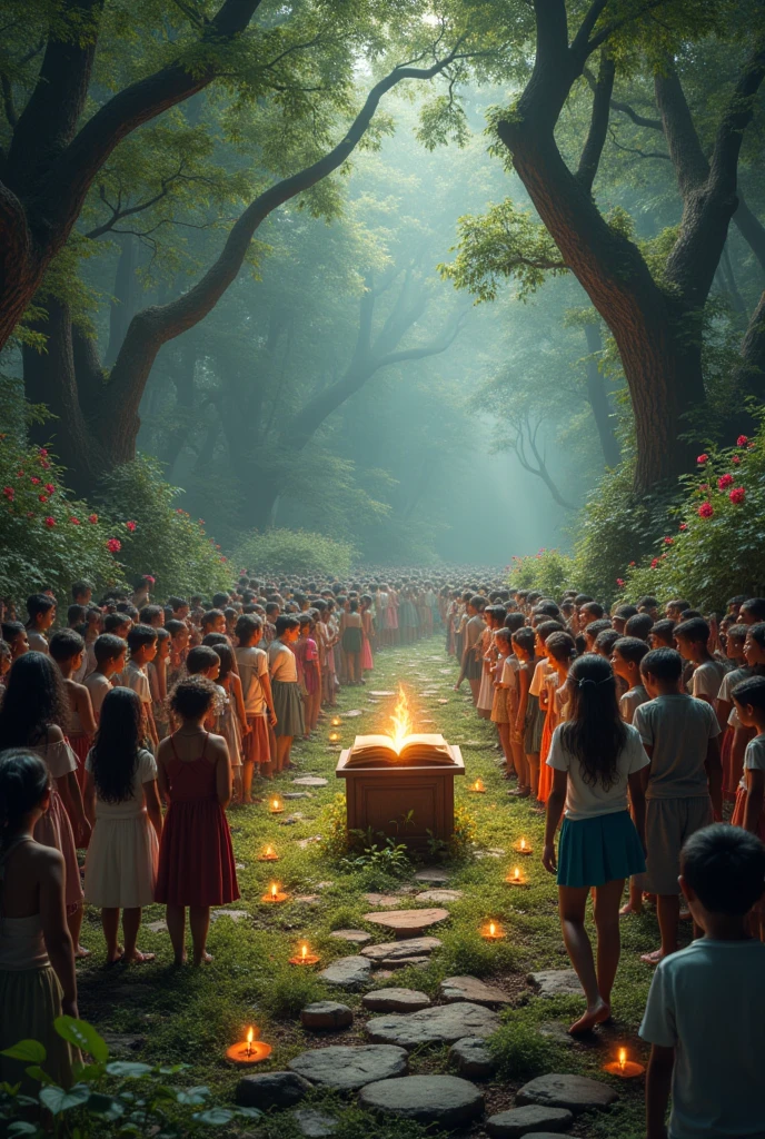a magic book on an altar and millions of boys and girls of different dark-skinned children, natives, latin americans, Europeans lined up to see him. The setting is a forest with magical flowers and magical and colorful fairies