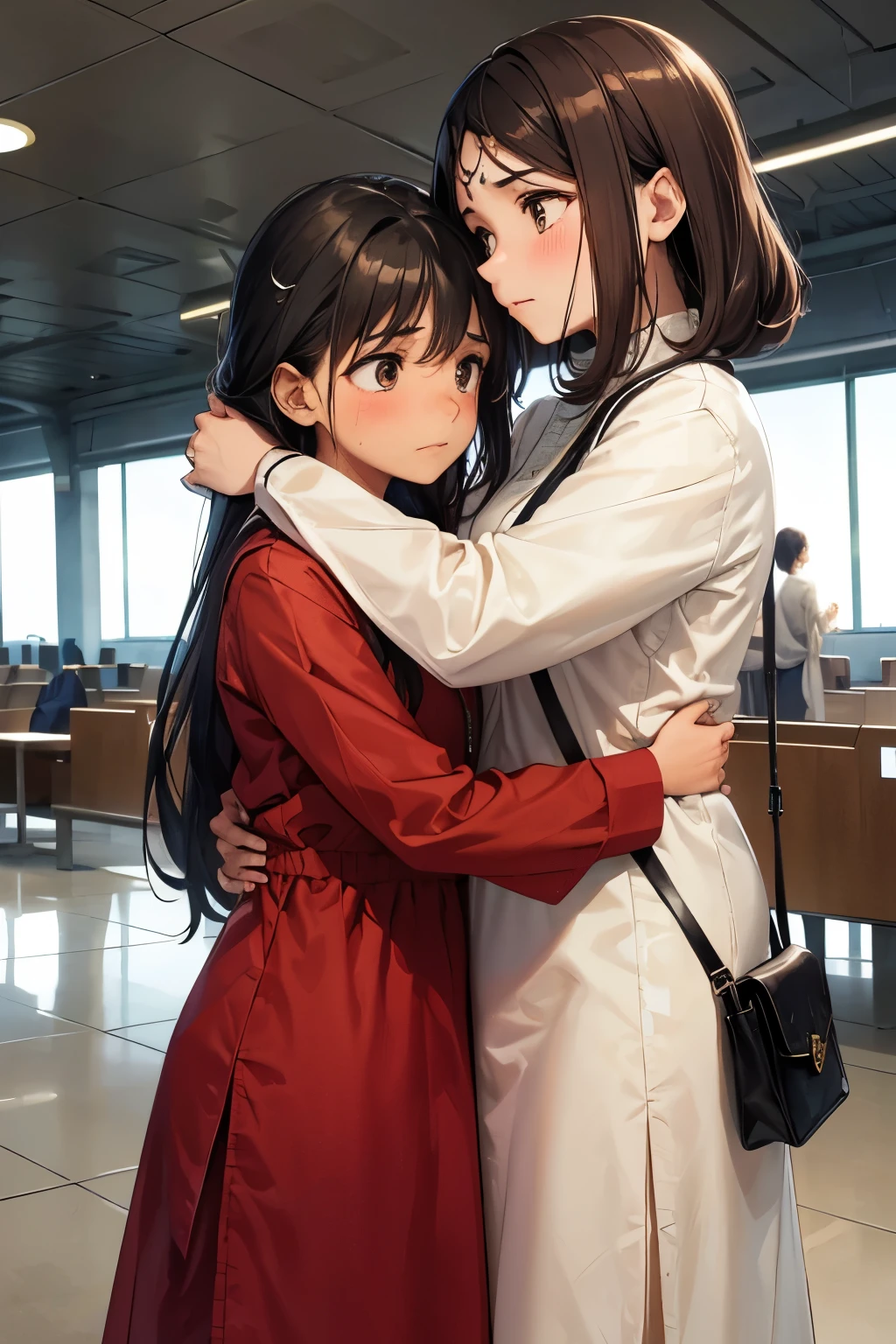 two sisters, brown girls, wearing shalwar kameez, same height, one is traveling abroad, the other is sad and alone, Hugging, crying, at airpot, emotional, aeroplane in background