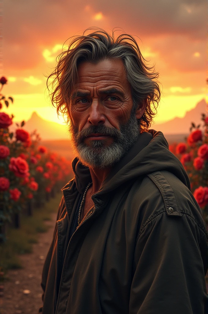 A homeless man around the age of 30 is beautiful on the inside but his clothes are neglected and torn,
standing in front of the beautiful yellowish sunset,
There are many roses on the horizon,
Roses in reddish rosy colors