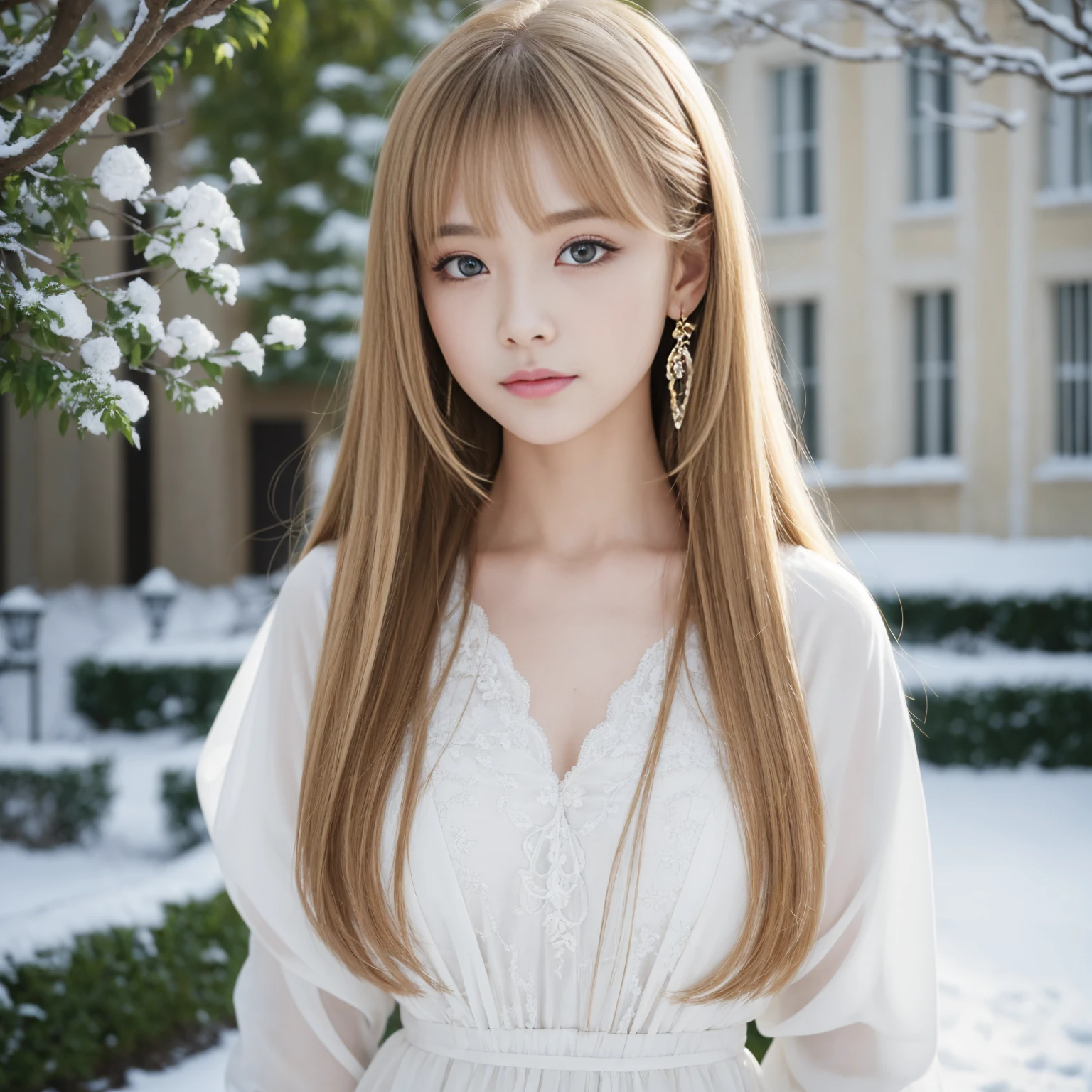 [雪でできたwhiteい光の半透明の幻影], Dark and muted colors, white, A world covered in Versailles, Versailles-covered branches, Cold winter feel, Unparalleled beauty, Firm and radiant skin, Bangs between the eyes, Beautiful shiny straight pale blonde, Perfect body, Super long straight silky blonde hair, Eyeliner, sexyで美しい無邪気な18歳, High resolution big beautiful bright light brown eyes, Beautiful and lovely girl, Baby Face, cute winter dresses, Emerald-colored accessories, Detailed decoration, Glossy face, Small Face Beauty, Cowboy Body Shot, Nature&#39;s first green is gold,Her hardest color to keep, Her early leaves blossom, but、It&#39;s only an hour, Leaves sink into leaves, So Eden was filled with sadness,Dawn comes again today, Money can&#39;t stay --c 22 --ar 28:39 50 .0 --v 6 --s 2, sexy, erotic, Sensual, Beautiful attention to detail , sexyな顔,((Shiny black stockings thighs)), (Very long legs), (Micro tight mini skirt), suit,Tight Skirt,pantyhose