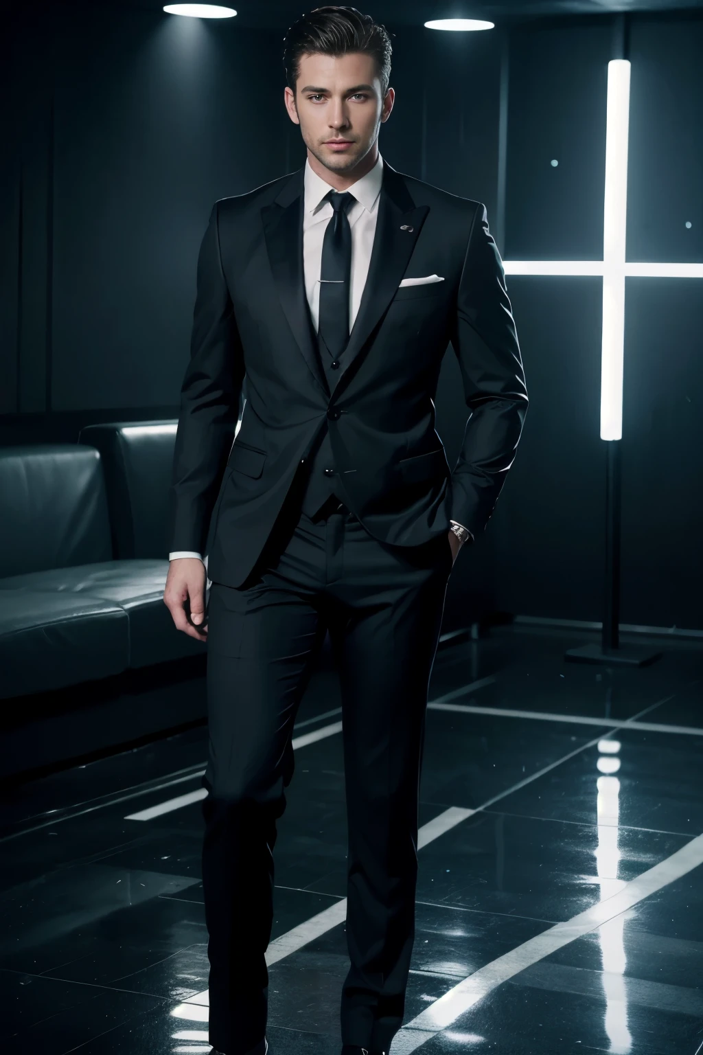 Handsome guy, standing, full body Ultra-realistic detailed rendering, wearing a suit with black tie , with his whole body visible, straight short hair, with a nightclub setting