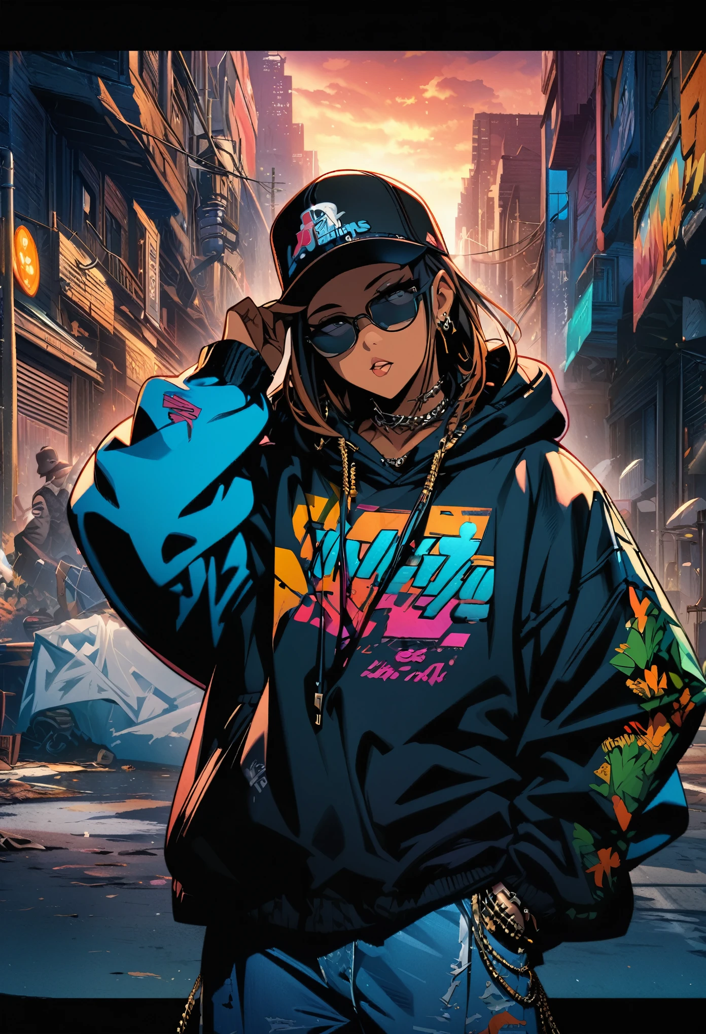 masterpiece, Highest quality, Highly detailed CG Unity 8k wallpaper, This illustration is based on a rapper and is very cool. It&#39;s big, Sharp eyes and a knitted hat covering the face. Wear a hood over a knit hat. Wearing pants. He is wearing black high-top boots.. I was holding a big, Painted wall. The background is a realistic dark slum. Spotlight Light. Bokeh Photo, (soft) concentrated):1.2, out of concentrated highlights, Dreamy atmosphere, Glowing circle, Fascinating Depth, Depth of written boundary