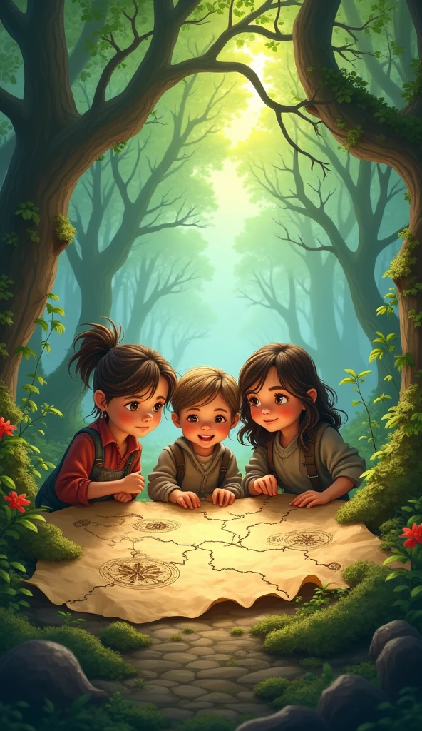 three adventurous kids—Lucy, Ben, and Maya—discovered an old map leading to the mysterious Enchanted Woods.