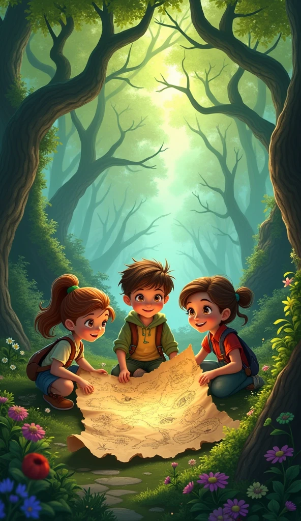 three adventurous kids—Lucy, Ben, and Maya—discovered an old map leading to the mysterious Enchanted Woods.