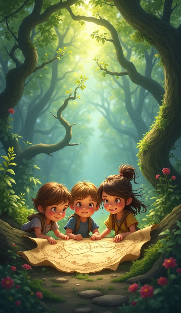 three adventurous kids—Lucy, Ben, and Maya—discovered an old map leading to the mysterious Enchanted Woods.