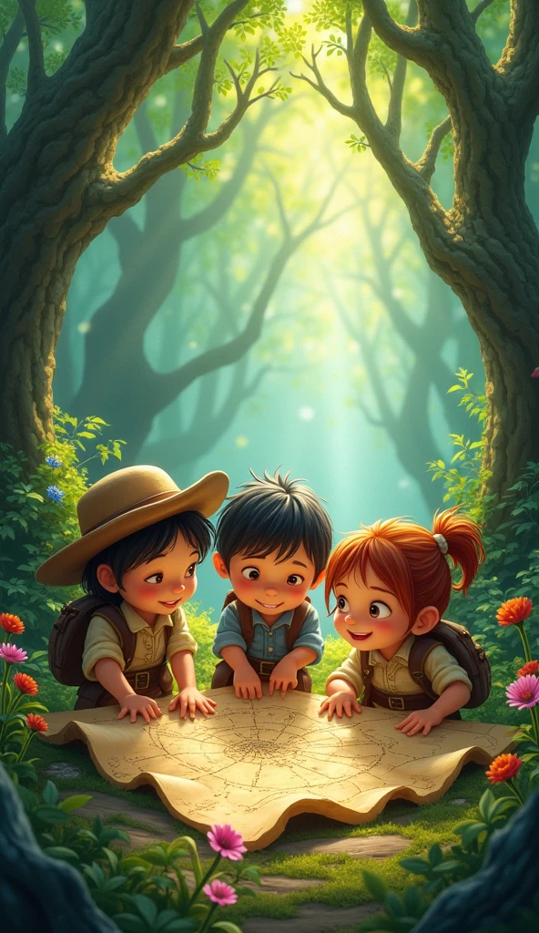 three adventurous kids—Lucy, Ben, and Maya—discovered an old map leading to the mysterious Enchanted Woods.