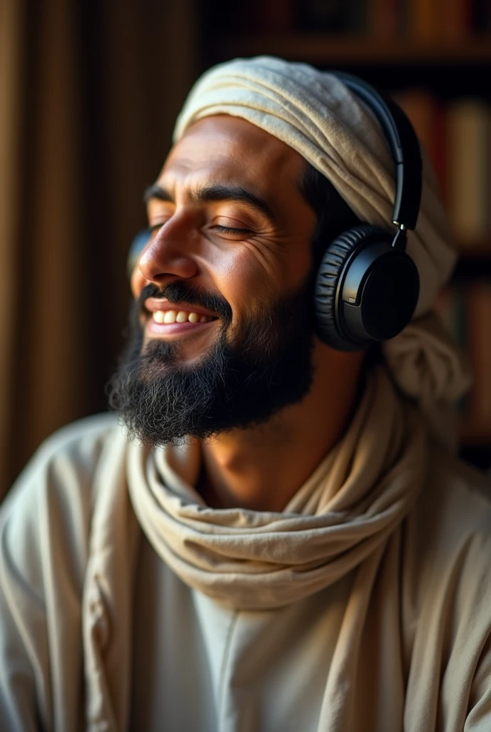 A Muslim man listening something wearing a headphone, a little smile in his face .
