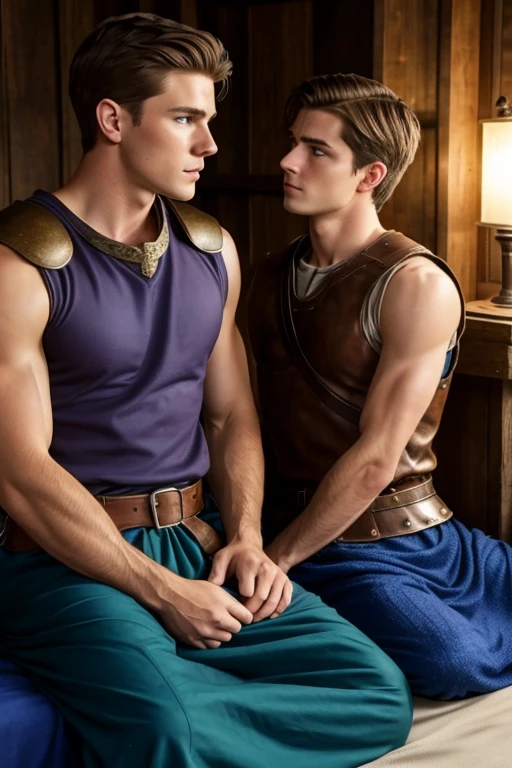 Photo-realistic. A pleased, 16-year-old, handsome, muscular Caucasian man with fade-cut, brown hair, and blue eyes, wearing shabby, sleeveless, leather armor, with metal shoulder guards, boasting, as he tells a dramatic story to a 15-year-old, lean, Caucasian peasant man, with short, brown hair, and blue eyes, in a blue and green tunic, listening in wonder, sitting next to each other on a simple bed, in a rustic inn room, at night.