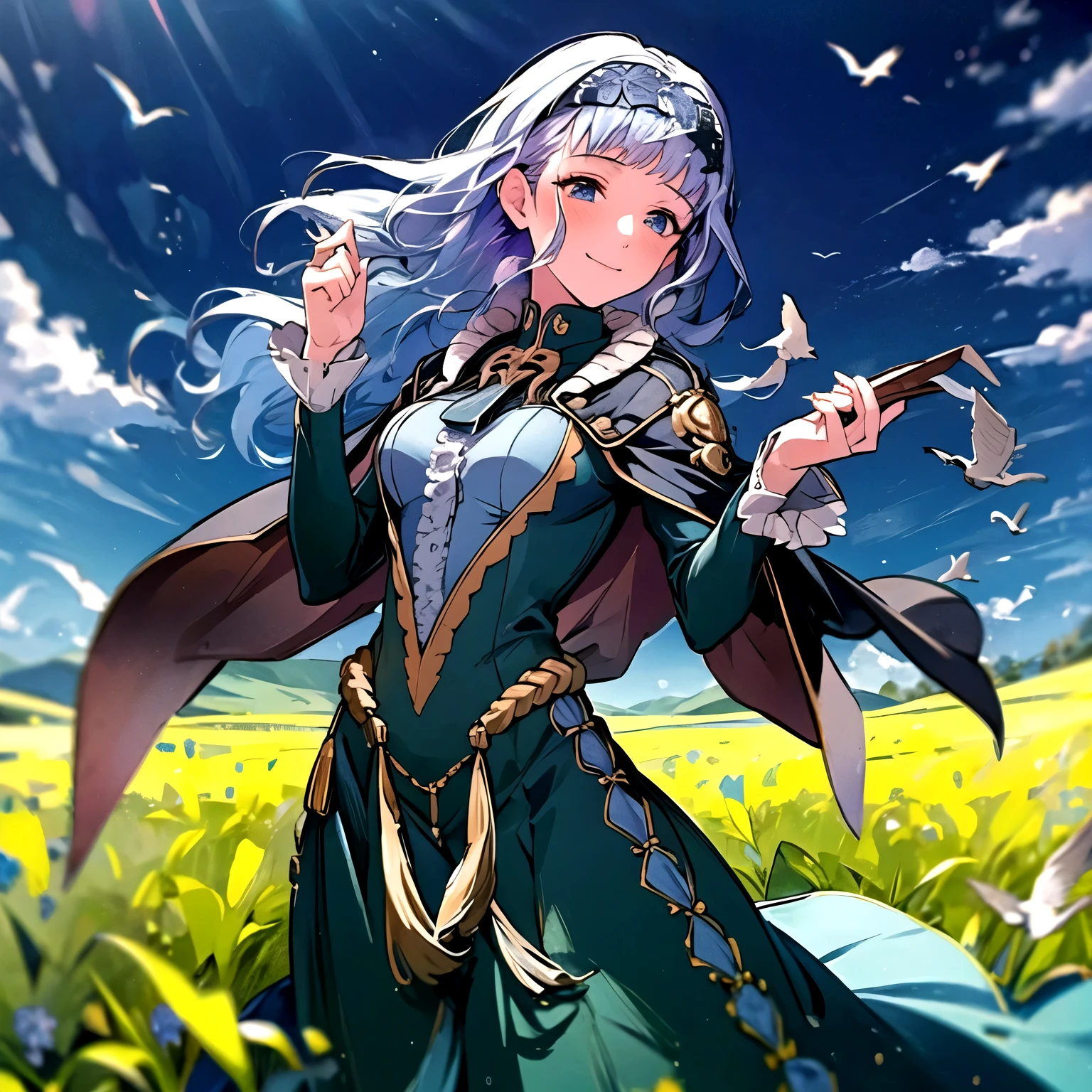 masterpiece, best quality, Marianne3Hopes, long hair, blue dress, capelet, hairband, bird on hand, cowboy shot, smile, sky, outdoors