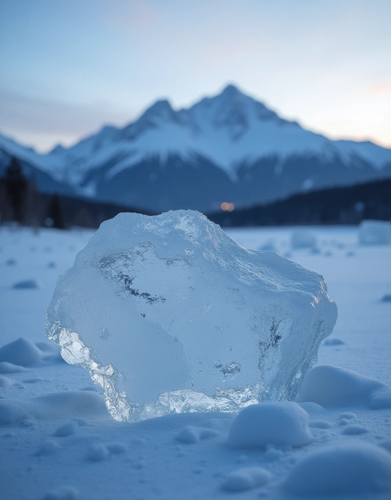 peaces of ice in front of snowy winter mountains in the background at dusk