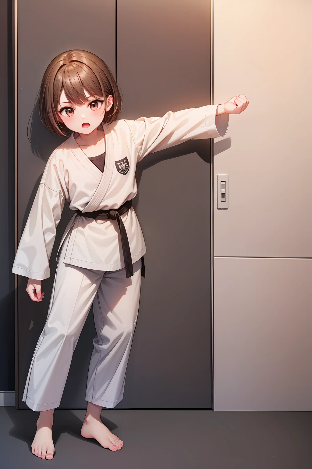 ((masterpiece, Highest quality, Very detailed, Very nice 8K CG wallpaper)), One girl, alone, Medium chest, short hair, Brown Hair, Brown eyes, Open your mouth, blush, Daugi, Long sleeve, Martial arts belt, White pants, barefoot, dojo, Straight fist punch, Nice hands, Perfect hands,