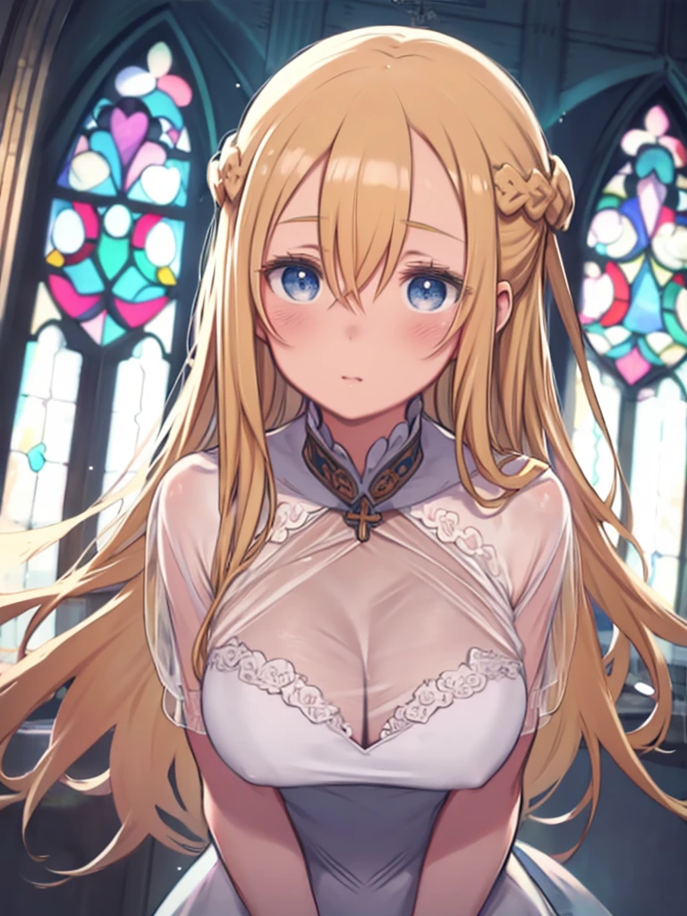 One Woman、Blonde Hair、long hair、Hair between the eyes、Braid、Blue Eyes、blush、Moist eyes、Big Breasts、Wedding dress、Clothes with embroidered lace、See-through clothing、Photographed in front of the church altar、Angle from above、Stained glass、Look up、Upper body close-up、breast enhancement、kiss、