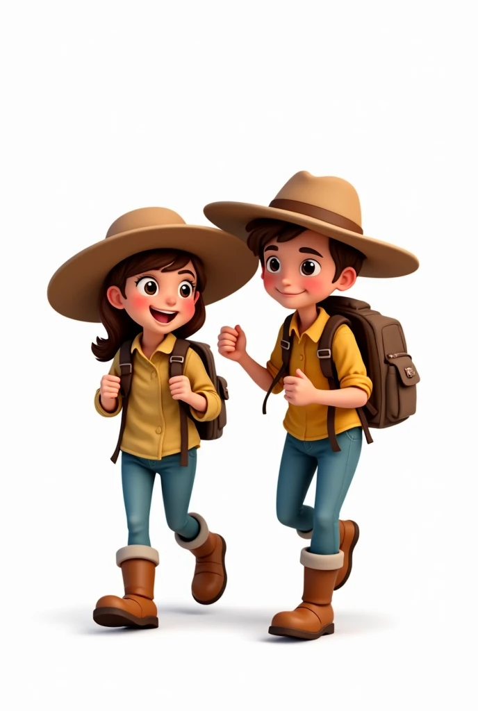 A supportive adventurer walking side by side with the lead explorer, wearing a similar wide-brimmed hat. She carries a backpack and has a joyful expression. The characters are in a cartoon style, like animated movie characters, set against a plain white background