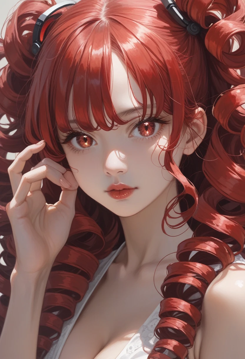 girl, solo, long hair, side top twin tails, red curly hair, bangs, slim body, very large breasts, ball shaped breasts, red pupils, cleavage, red eyes, red glowing contact lenses, hair between eyes, very long hair, red hair, solo focus, lips, drill curls, Japanese with a kind face, five fingers, reality, robot