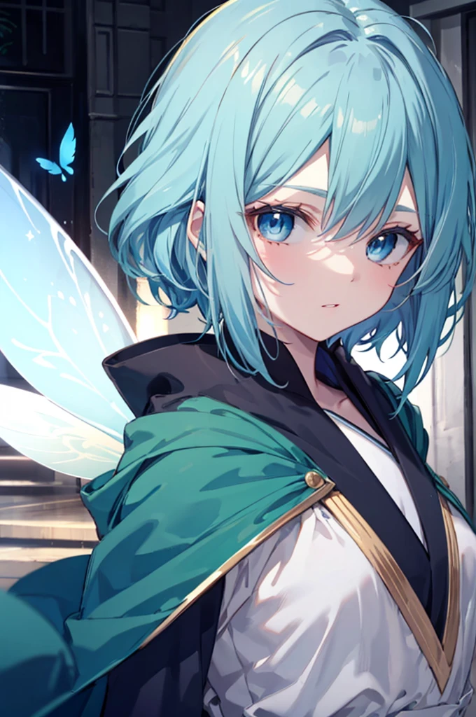 High quality, Fairy wing, dark blue eyes, blue straight hair, green robe
