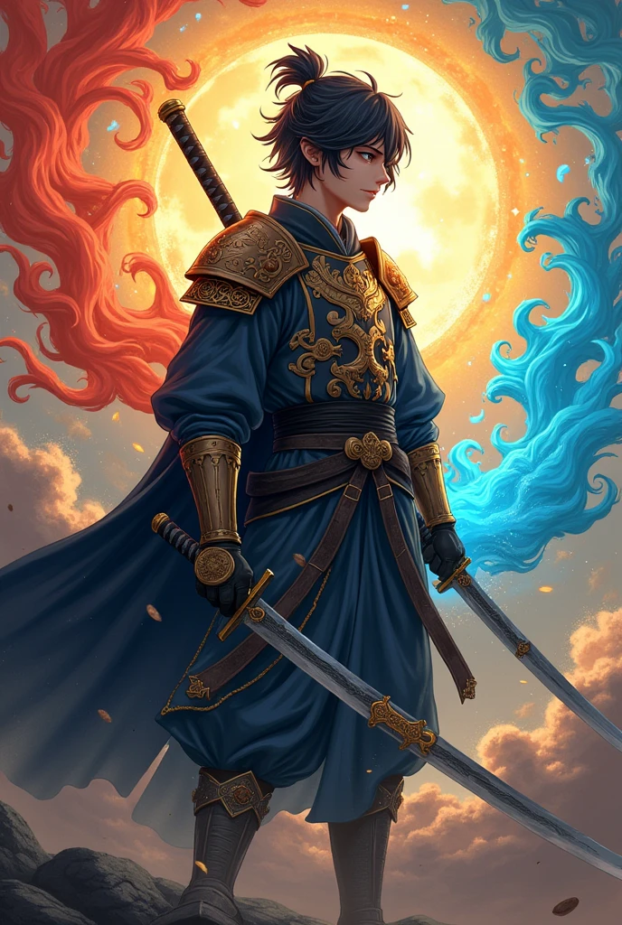 A boy of 25 years being the lord of the seven realms with the armor of the seven realms handsome looking boy with handsome hair anime with two cursed katana cool looking katana and the boy with earth ice flame thunder elemenrs flowing near him like an aura