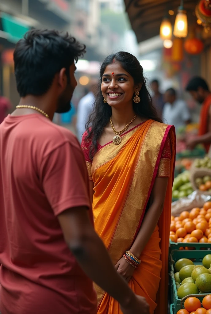 Indian aunty holding naked ass showing cleavage bending down in saree in market, fruit shop,oversized blouse, erotic dick, seducing man, saree, blouse, horny boy,sexy facial expressions , indian traditional outfits, boobs valley, vendor pressing aunty's boobs, prime lens cinematic, professional