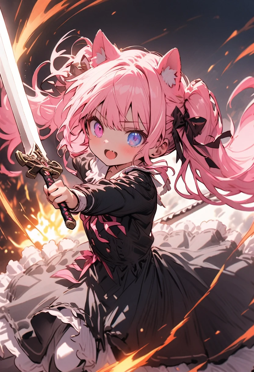 masterpiece, best quality, hyper detailed, beautiful, 16K, absurdres, /visualize prompt: A cute girl around ten years old with pink hair styled in twin tails and wavy side-up, wearing cat ears, with heterochromatic eyes, wielding a massive sword larger than her own height, fiercely slashing through a dragon, the scene filled with dynamic action, sparks flying, and the girl’s expression determined and powerful, set against a dramatic, fiery background, the atmosphere intense and thrilling, the lighting highlighting the clash of sword and scales, with shadows accentuating the drama of the moment --ar 3:2 --c 18 --s 800 --q 2