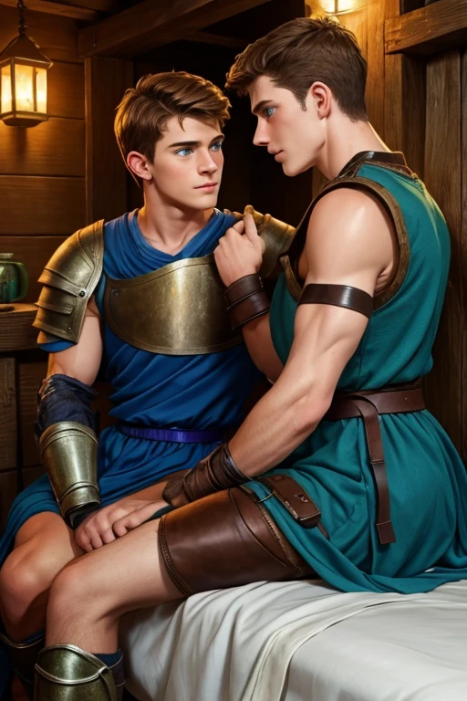 Photo-realistic. A pleased, 16-year-old, handsome, muscular Caucasian man with fade-cut, brown hair, and blue eyes, wearing shabby, sleeveless, leather armor, with metal shoulder guards, boasting, as he tells a dramatic story to a 15-year-old, lean, Caucasian peasant man, with short, brown hair, and blue eyes, in a blue and green tunic, listening in wonder, sitting next to each other on a simple bed, in a rustic inn room, at night.