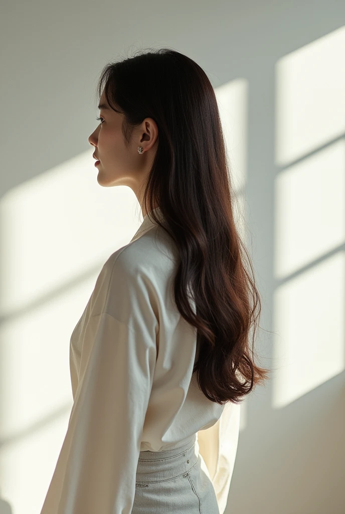 Highlight Color Back view hair Natural Color Natural light Japanese Long sleeve hairカタログ White wall background