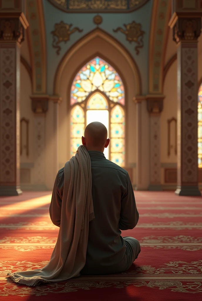 A high-resolution, realistic image of a young, masculine bald man praying to Allah inside a mosque in America, wearing a traditional taqiyah (head covering).