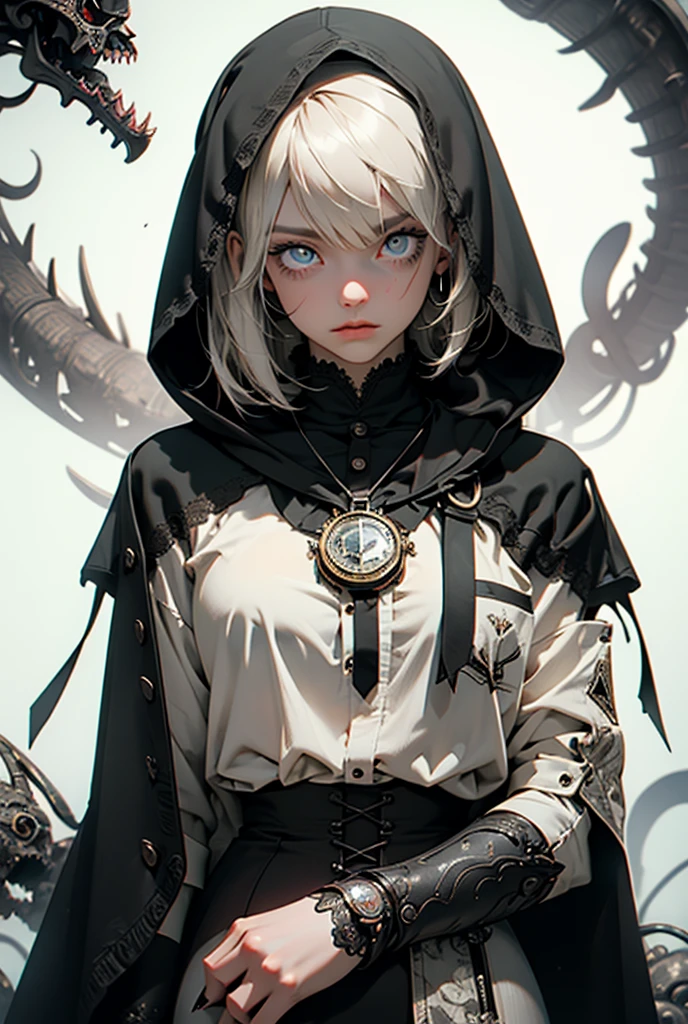 (((masterpiece, of the highest quality, super detailed))), (a witch belonging to an occult order of knights), (a knight crossed with a witch), Victorian era inspired, ((minimal but intricate beautiful armour)), Fluttering lace flared dress with frilly petticoats, ((nier automata meets bloodbourne)), ((((Highly detailed face))),  (big forhead:1.2), ((dark hair)), (((Very sharp focused eyes))), very long eyelashes, occult aesthetic, (red and white clothing detailed and intricate steampunk and detailed gothic), (with a hood), complex lace boots,