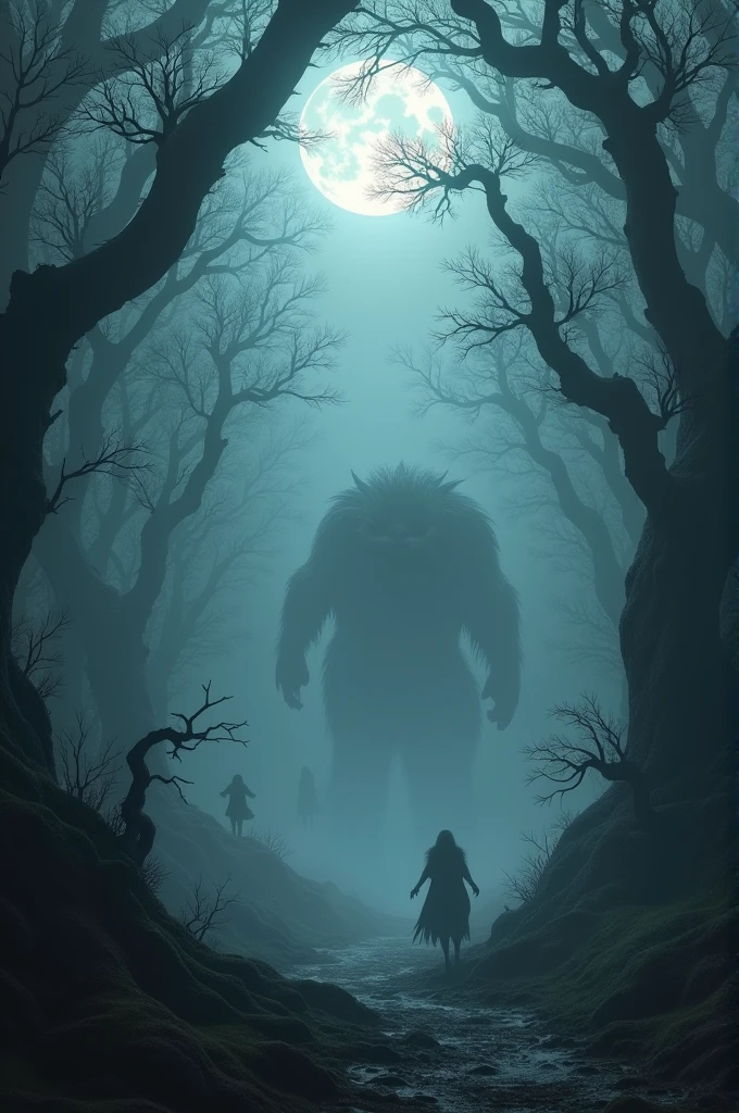 Haunted Forest at Midnight: A dense, fog-shrouded forest under a full moon. Gnarled trees twist into grotesque shapes, and ghostly figures seem to flicker in the fog. A shadowy, monstrous creature lurks between the trees, barely visible.