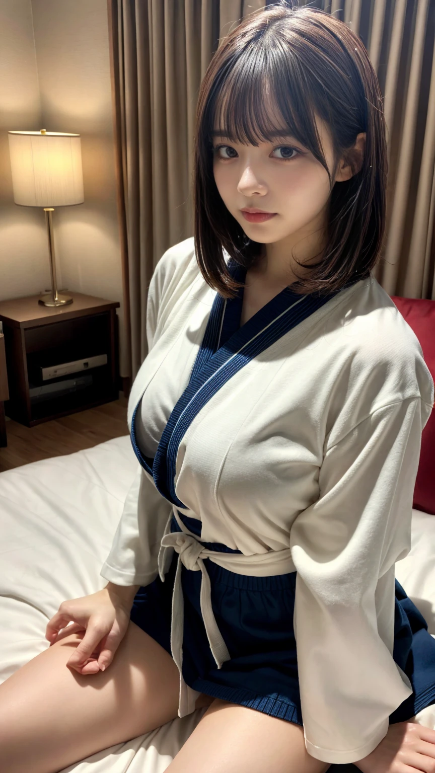 masterpiece, best quality, illustration, Super detailed, fine details, High resolution, 8K,wall paper, perfect dynamic composition,(Details High quality, realistic depiction of eyes:1.3), oversized judo uniform white, sitting, open legs, short bob hair, in a hotel room in the background, large breasts, black hair color, Big Natural Color Lip, (perfect body shape), crying a little、Harajuku style、20 year old girl、cute type、beautiful legs, Gravure Idol