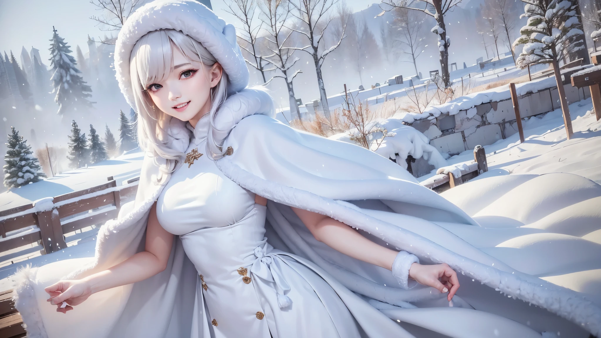 masterpiece、Highest quality、1 girl, winter, white hair, Cute girl, smile, close mouse, medium breasts, white dress, winter clothes, Fur coat、Small waist、Thin legs、outdoors, snow falling, in the forest and 湖