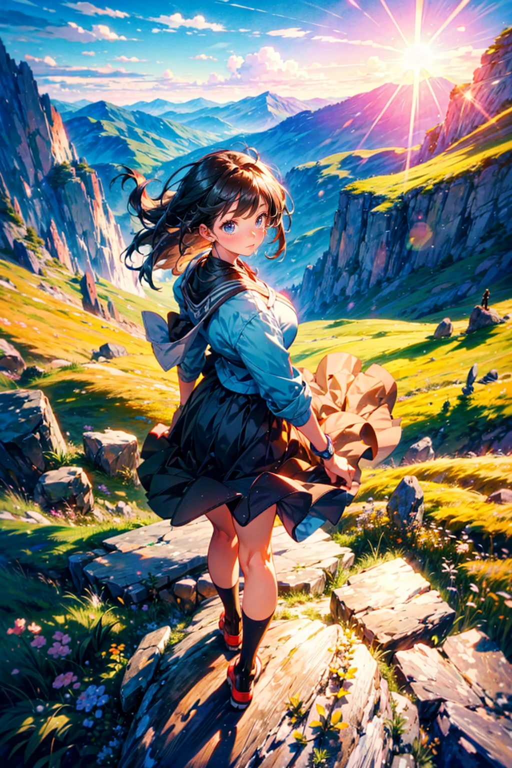 1girl,solo,cute,big breast,stand on the mountaintop,sunshine,nature
