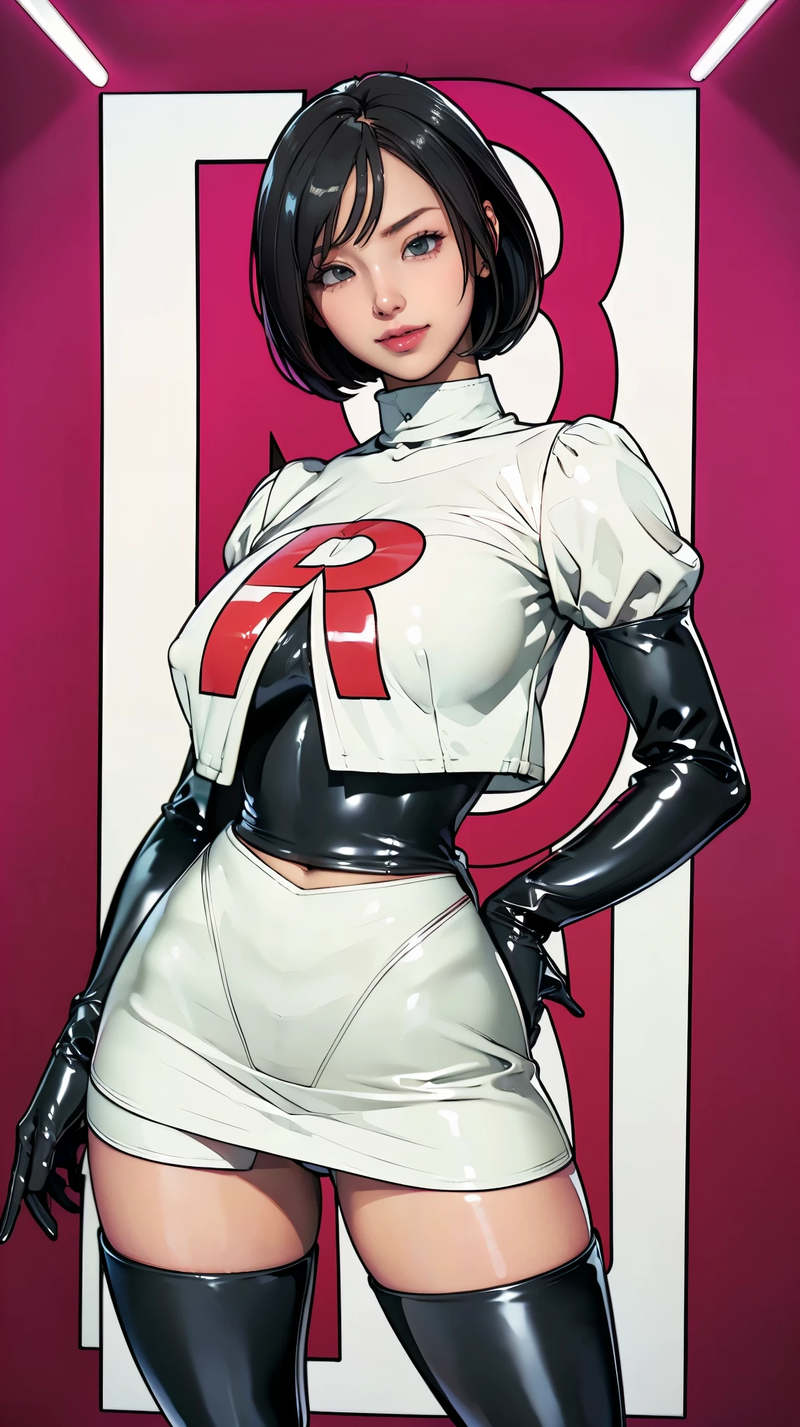 (masterpiece, Highest quality, In 8K, Very detailed, High resolution, Realistic:1.2), (Latex Team Rocket uniform:1.3), (smilingly, Narrow-eyed Japanese face:1.2), (Black Hair, Bob Hair:1.2), (Cowboy Shot:1.3), (20 year old Japanese woman:1.2), (Shorten your skirt:1.3), (Black patent leather gloves, Black patent leather long boots:1.2), (Upper body is thin:1.4), (flattening the chest, Enhance the nipples:1.2), (Thicken your thighs:1.3), (Small waist, Wriggle your hips:1.2), (Panty shot, Black latex panties:1.3)