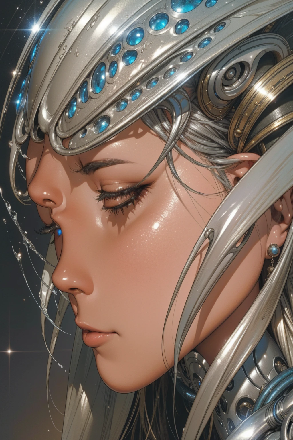 Impressionante arte de fantasia em liquid metal, extremely detailed 8K, ultra-realistic, professional digital painting, Detailed metal robot figure, liquid metal, like flowing mercury, shiny chrome and gold, Surreal and supernatural, dramatic lighting, somber atmosphere, Film structure, bright energy effect, Fascinating texture, futuristic cyberpunk, Complex machine details, perfect integration of organic and inorganic forms, breathtaking visual complexity, beautifully executed, inspirational、Create an immersive experience,Esculturas de liquid metal extremamente detalhadas e intrincadas, Shiny metallic finish, shiny chrome, Dynamic abstract shapes, Complexly distorted、fluid form, Seductive reflections, dramatic lighting, realisitic