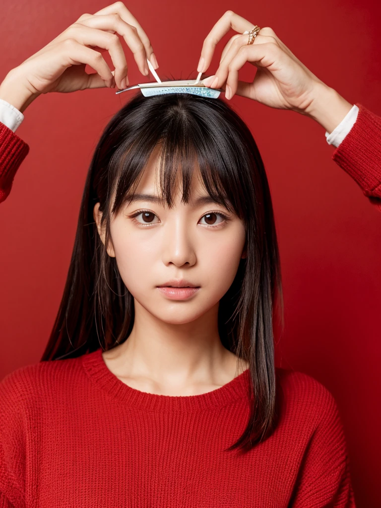 (masterpiece), (highest quality), (Super detailed), (messy hair), (shape), (one japanese girl), (fashionable clothes), Are standing, Fashion Model, (interview), (simple cyaan red background), fine and beautiful eyes, delicate beautiful face, floating, (high color saturation), focus on face, ponytail, black hair, bangs,floating Hairs, (shining), best writing, best shadow,stylish living room