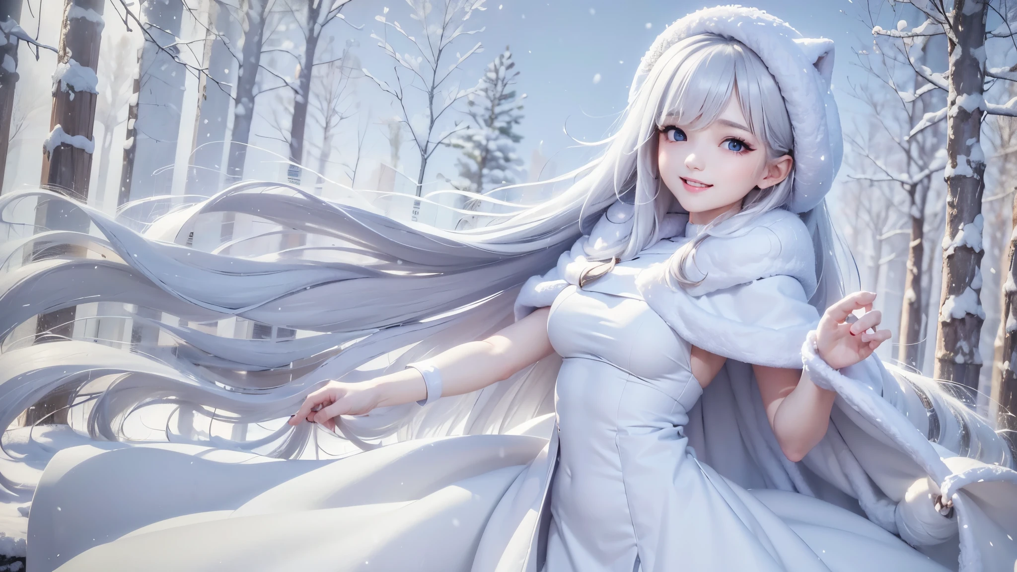 masterpiece、Highest quality、1 girl, winter, white hair, Cute girl, smile, close mouse, medium breasts, white dress, winter clothes, Fur coat、Small waist、Thin legs、outdoors, snow falling, in the forest and 湖